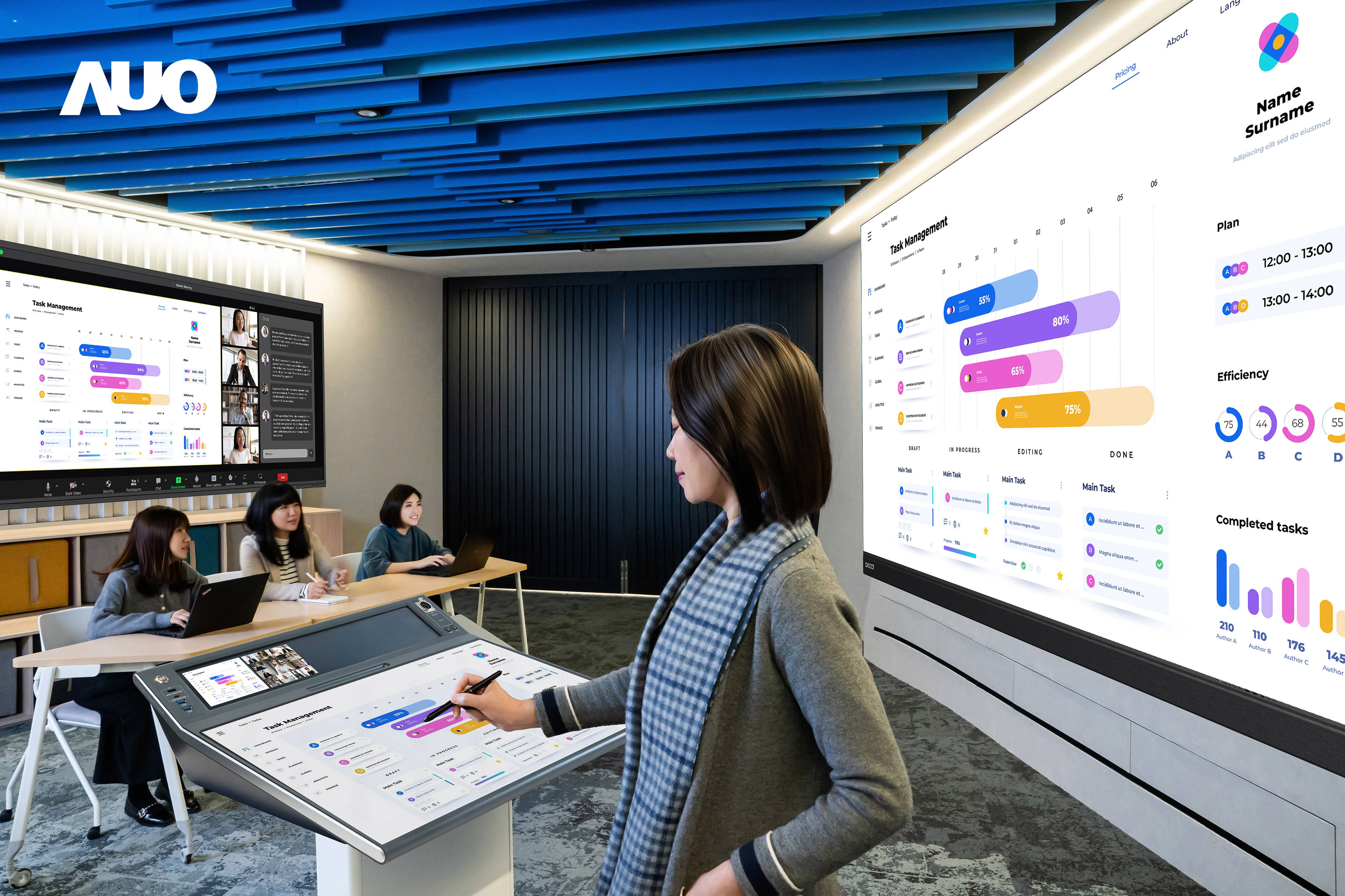 达擎携手Avocor与Rise Vision展示全方位商务领域应用，包含采用模块化设计的138吋一体式All-in-One LED显示器及具21:9超宽比例的92吋交互式电子白板（IFPD），讲者可轻松分享内容，有效提升会议协作效率。